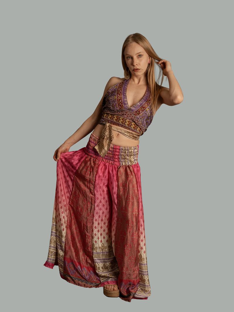 Pantalone etnico a palazzo doppia fantasia fucsia – Loto