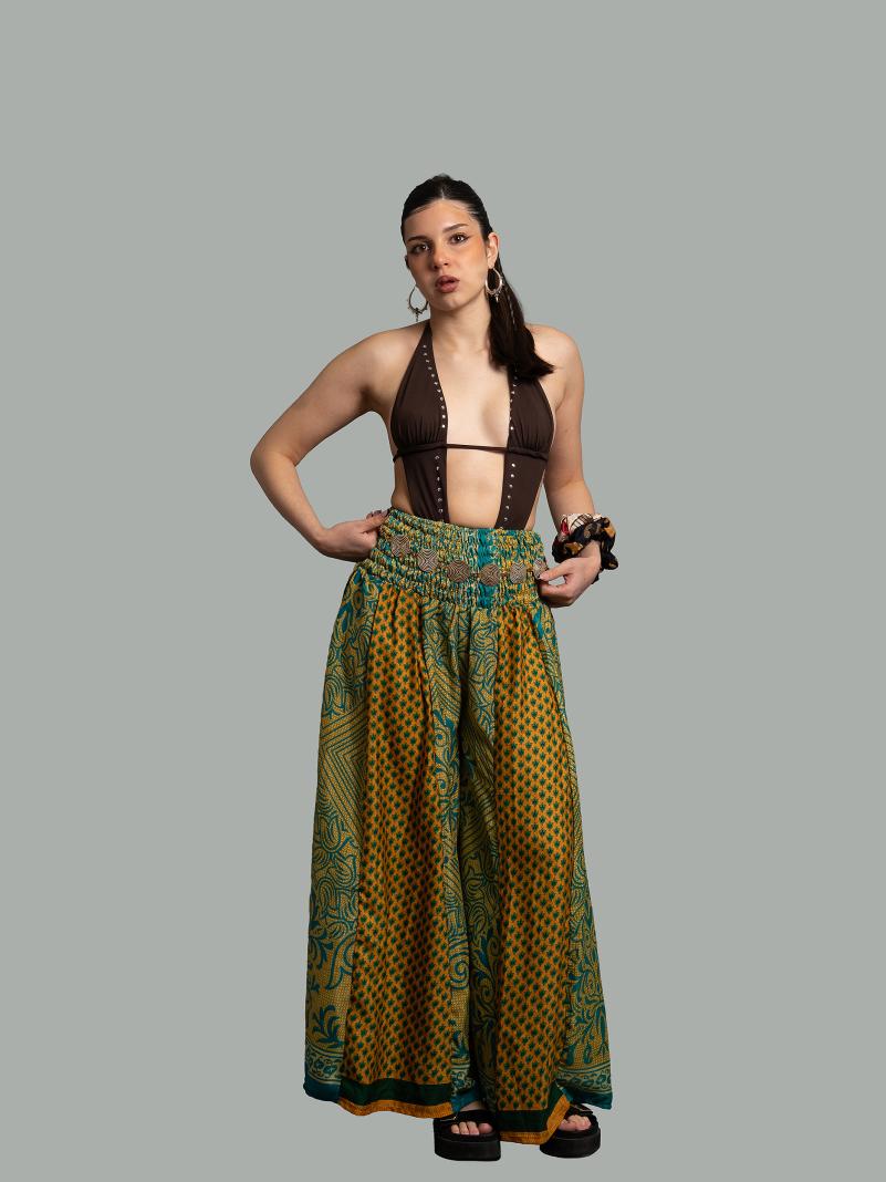 Pantalone etnico a palazzo doppia fantasia verde e giallo – Loto