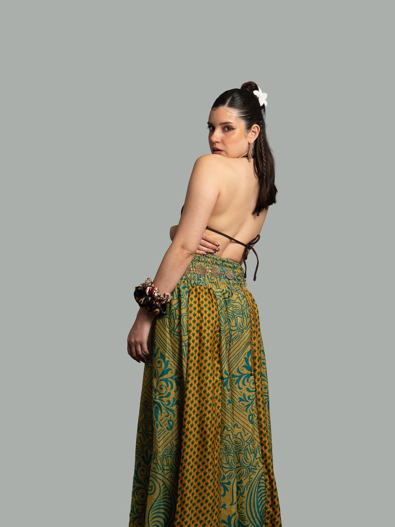 Pantalone etnico a palazzo doppia fantasia verde e giallo – Loto