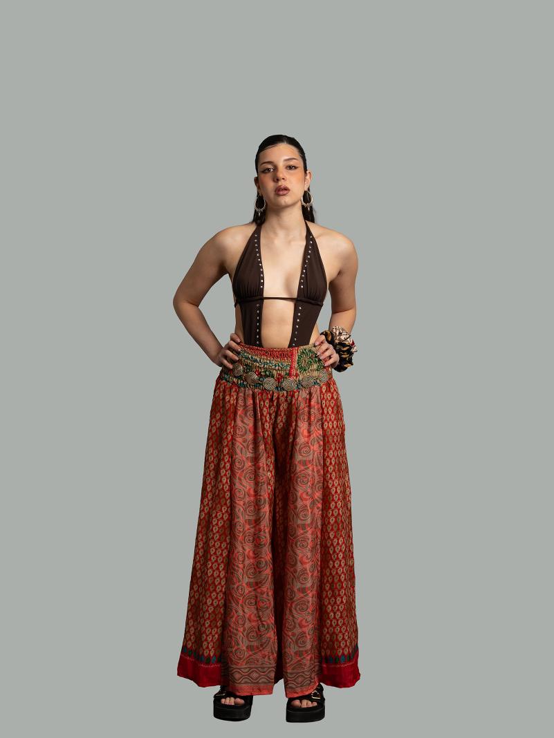 Pantalone etnico a palazzo doppia fantasia rosso e rosa – Loto