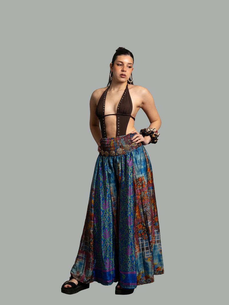 Pantalone etnico a palazzo doppia fantasia blu – Loto