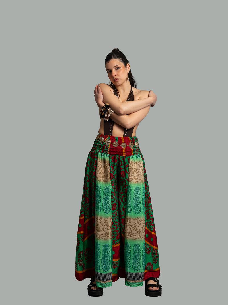 Pantalone etnico a palazzo doppia fantasia rosso e verde – Loto