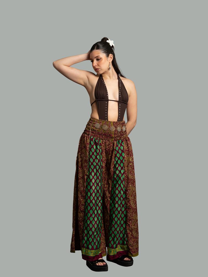 Pantalone etnico a palazzo doppia fantasia foglie – Loto