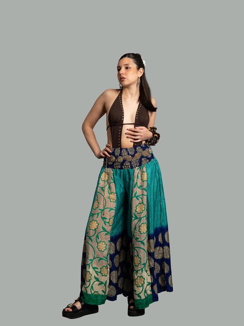 Pantalone etnico a palazzo doppia fantasia azzurro – Loto