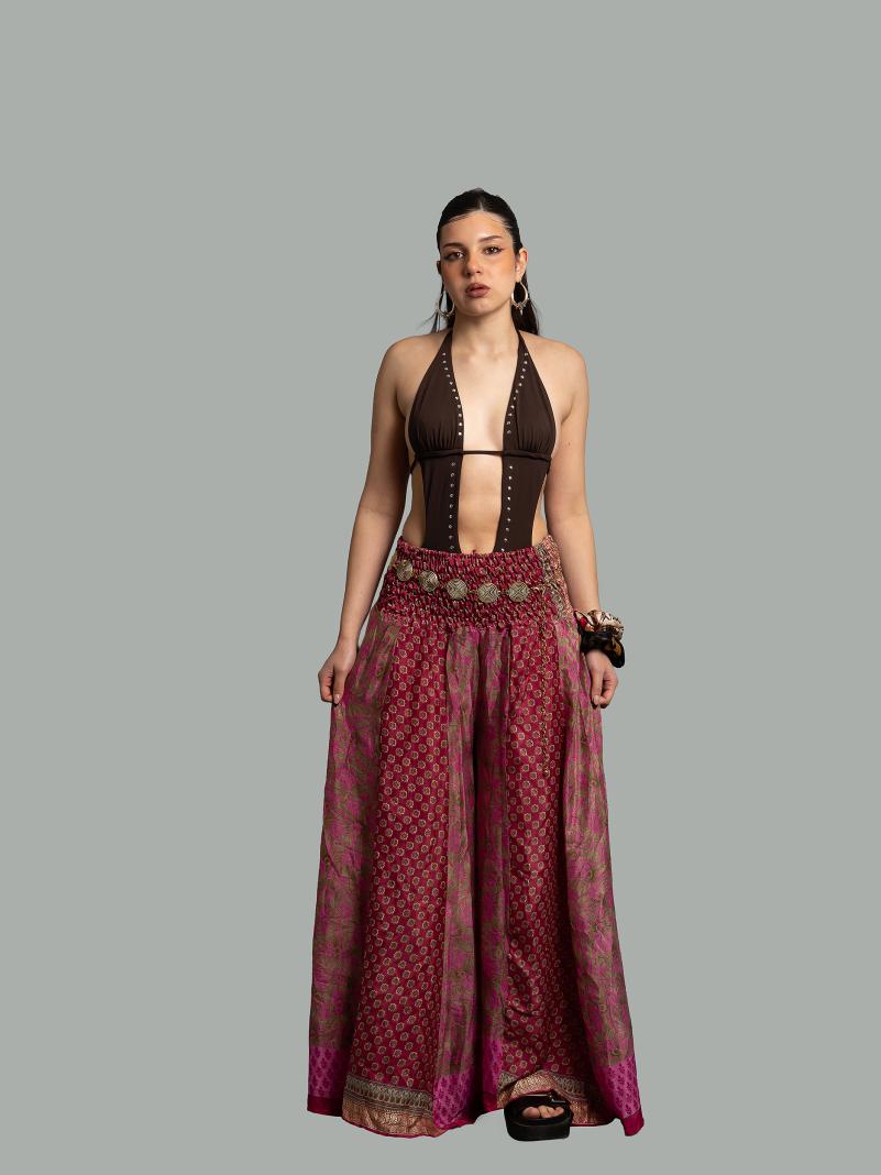 Pantalone etnico a palazzo doppia fantasia rosa – Loto