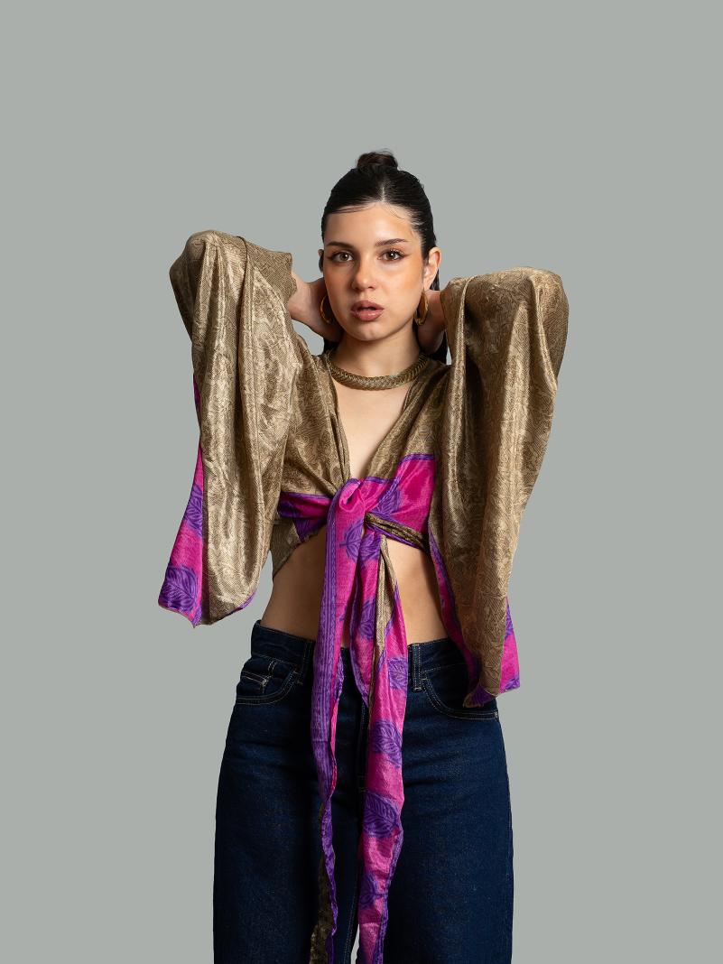 Wrap Top Manica larga beige e viola – Gandhi
