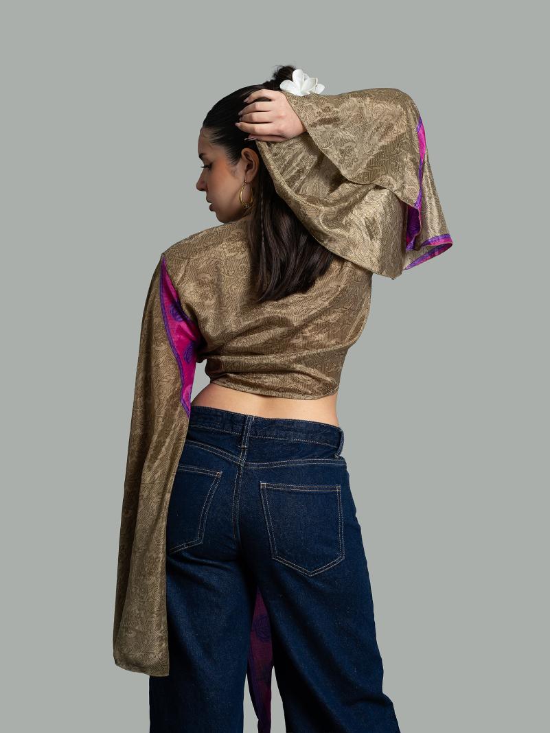 Wrap Top Manica larga beige e viola – Gandhi