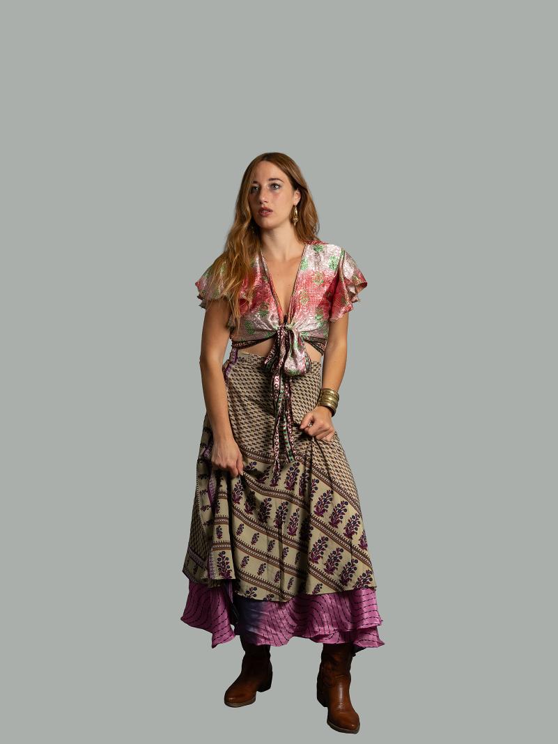 Gonna etnica lunga a portafoglio beige e rosa – India