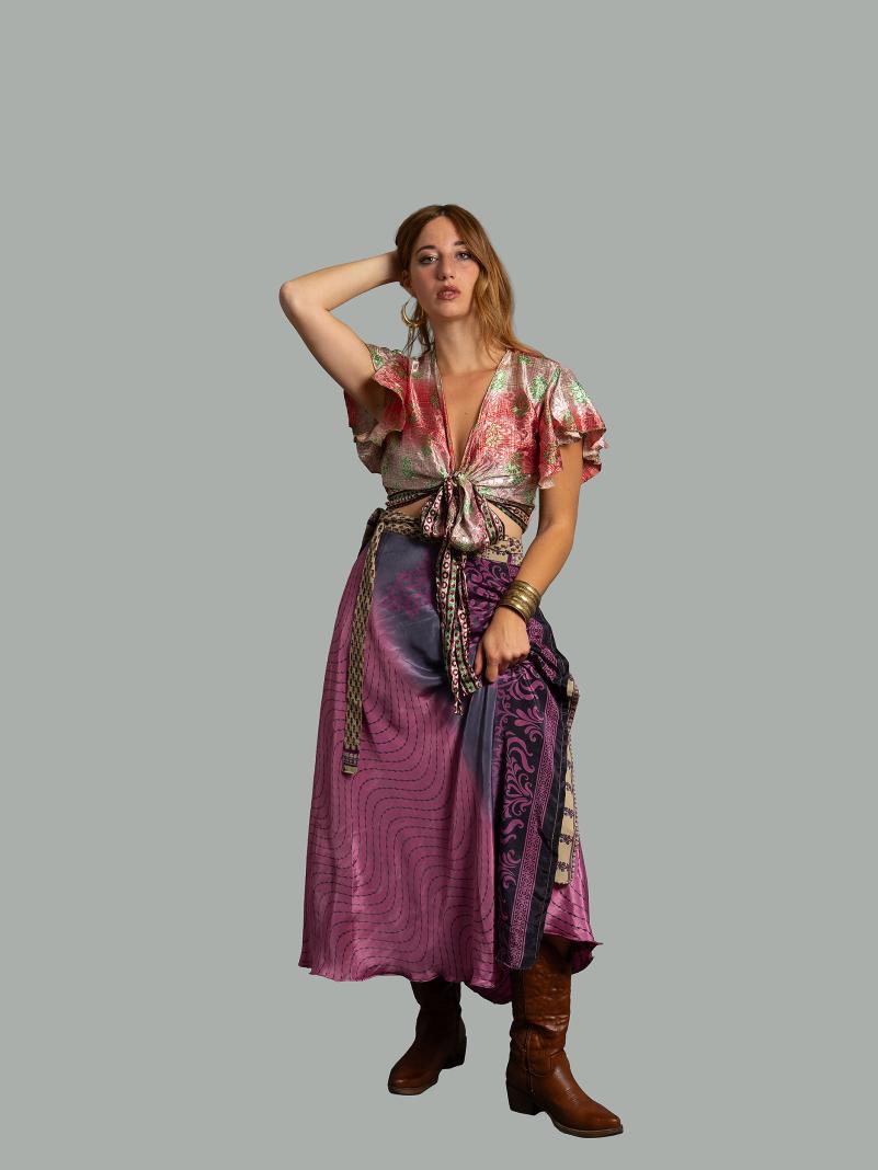 Gonna etnica lunga a portafoglio beige e rosa – India