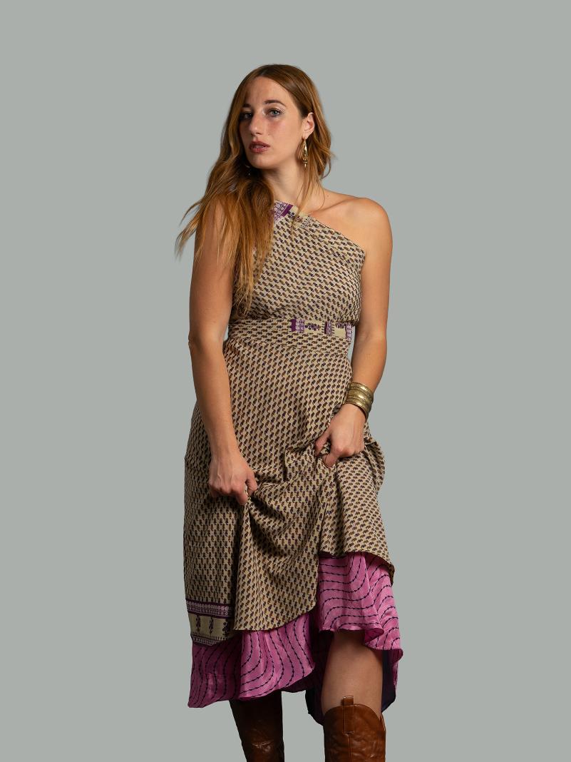 Gonna etnica lunga a portafoglio beige e rosa – India