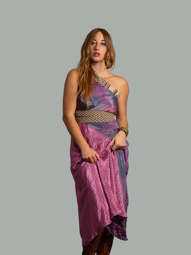 Gonna etnica lunga a portafoglio beige e rosa – India