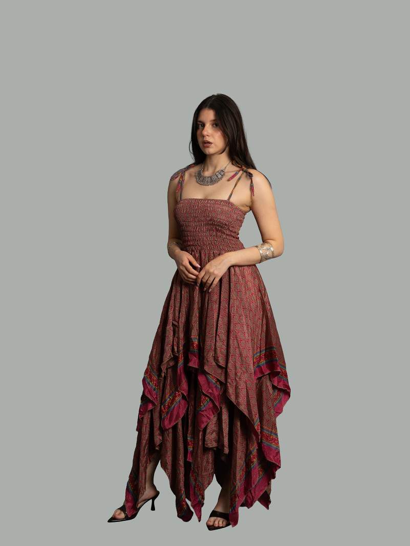 Abito etnico con elastico e spalline rosso e verde – Mumbai
