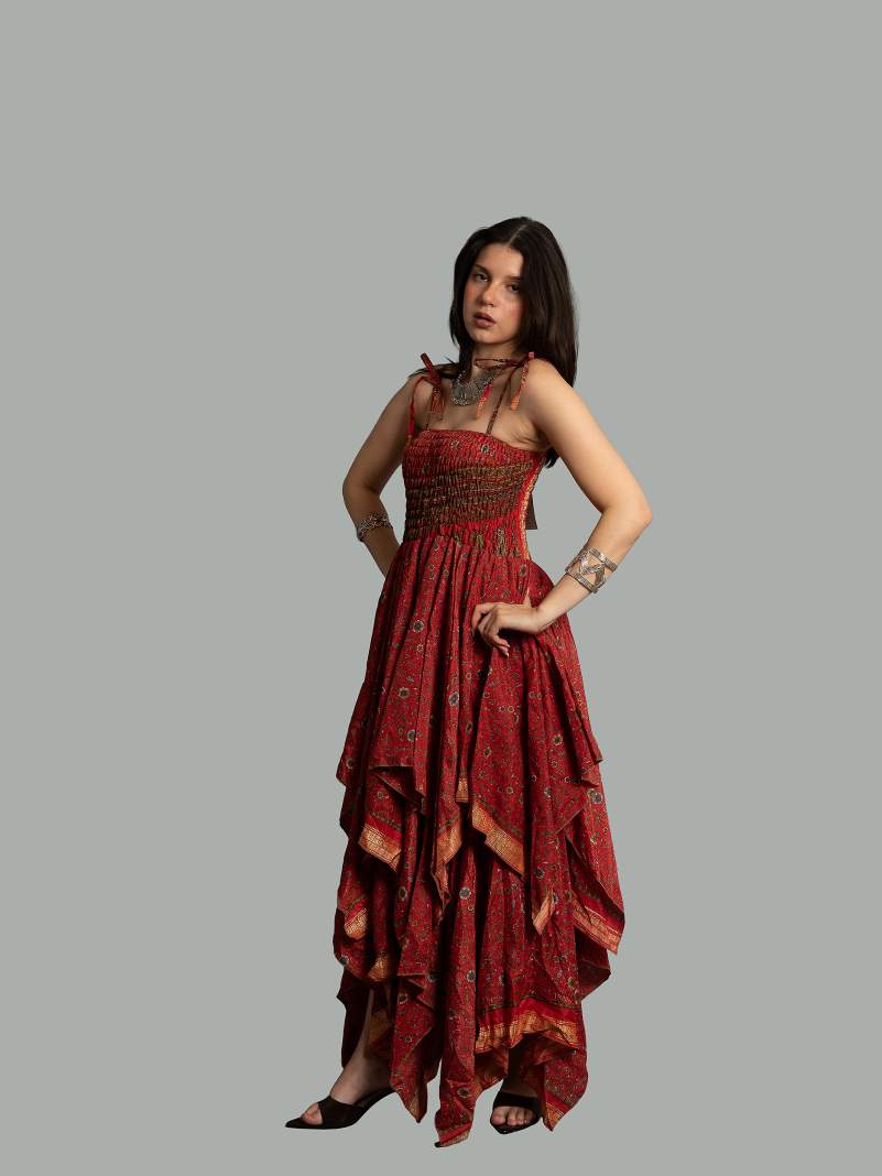 Abito etnico con elastico e spalline rosso – Mumbai