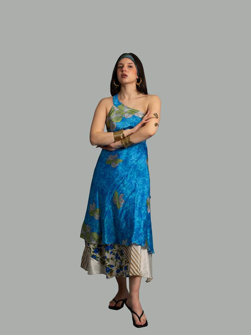 Gonna etnica lunga a portafoglio azzurro e bianco – India