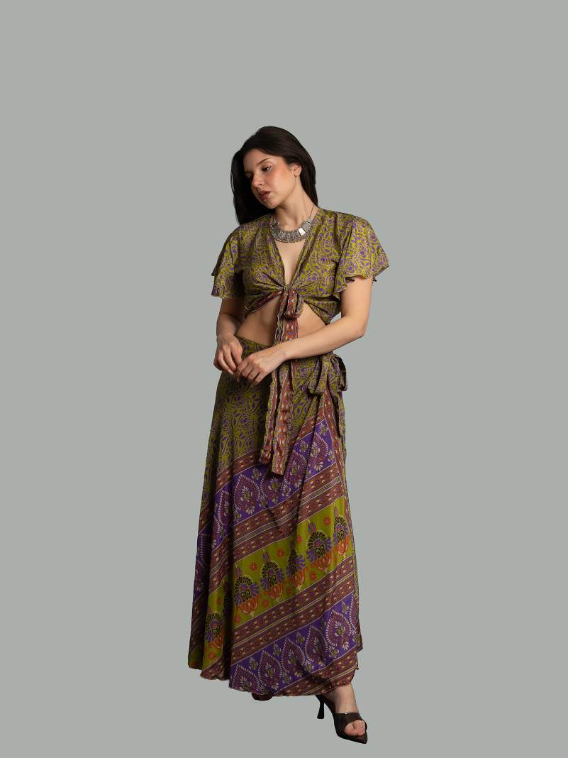 Wrap top e Gonna a Portafoglio verde e viola - Manali