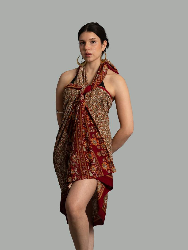 Pareo rosso con fiori - Sari vintage