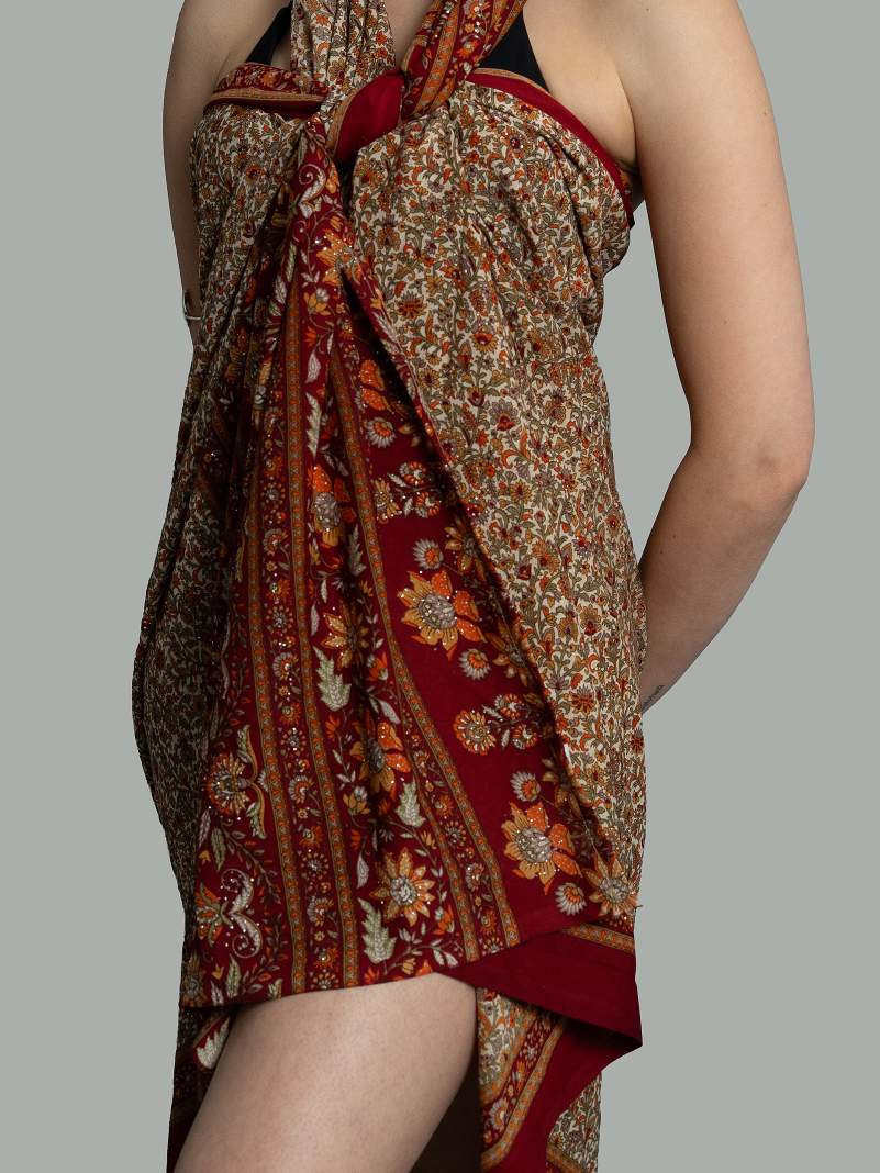 Pareo rosso con fiori - Sari vintage