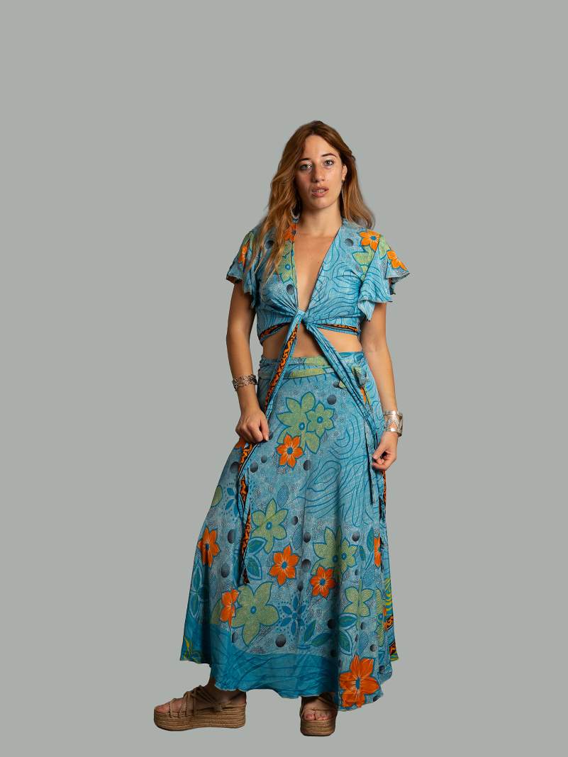 Wrap top e Gonna a Portafoglio celeste - Manali