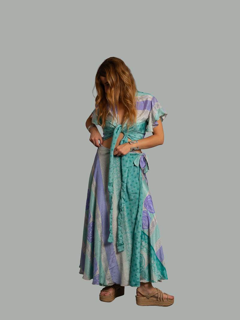 Wrap top e Gonna a Portafoglio rose azzurre - Manali