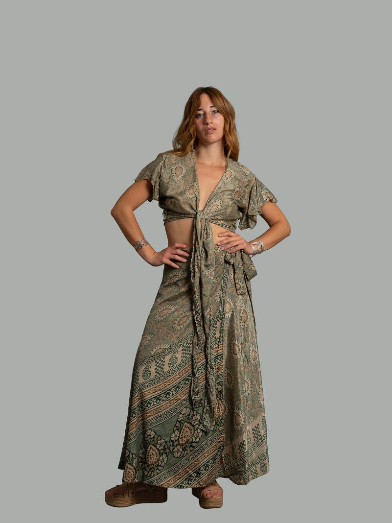 Wrap top e Gonna a Portafoglio verde e ocra - Manali