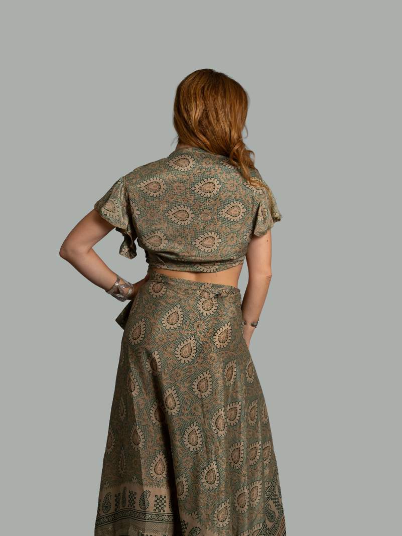 Wrap top e Gonna a Portafoglio verde e ocra - Manali
