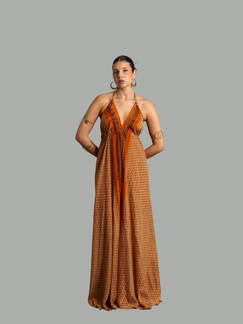 Abito etnico lungo ocra e arancione – Delhi