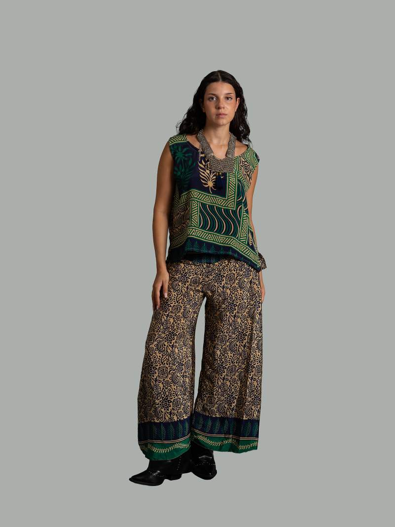 Completo Top smanicato e pantalone beige e verde - Cochin