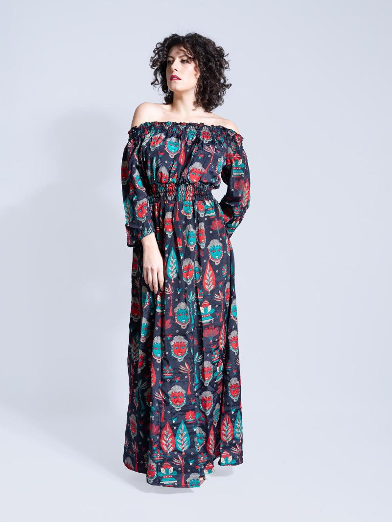 Abito Etnico con Scollo a Barca RADHA Buddha Edition – Nero