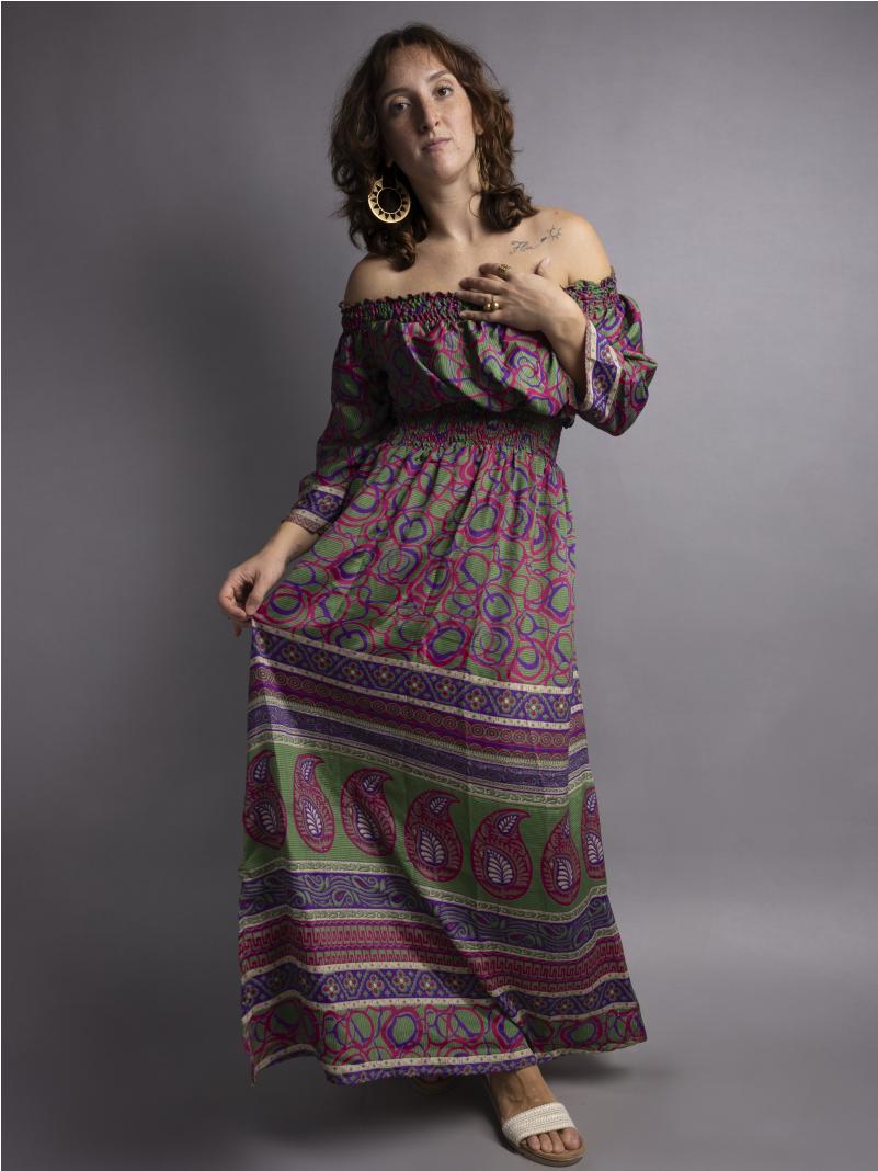 Abito Lungo Etnico con Scollo a Barca verde viola e Blu – Radha