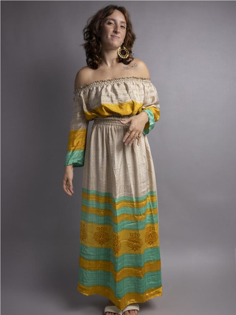 Abito Lungo Etnico con Scollo a Barca ocra e verde – Radha