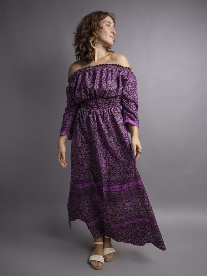 Abito Lungo Etnico con Scollo a Barca viola – Radha