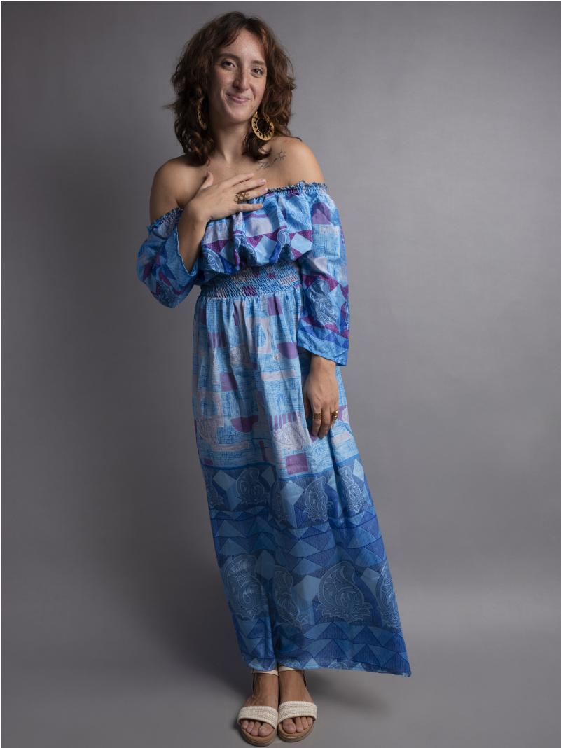 Abito Lungo Etnico con Scollo a Barca celeste – Radha