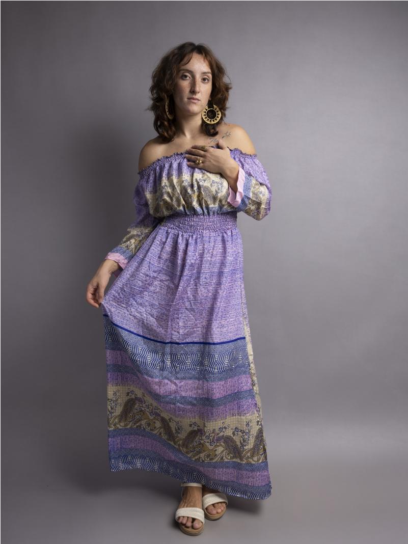 Abito Lungo Etnico con Scollo a Barca lilla – Radha