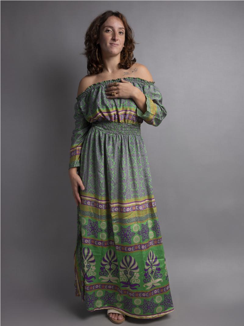 Abito Lungo Etnico con Scollo a Barca verde e viola – Radha