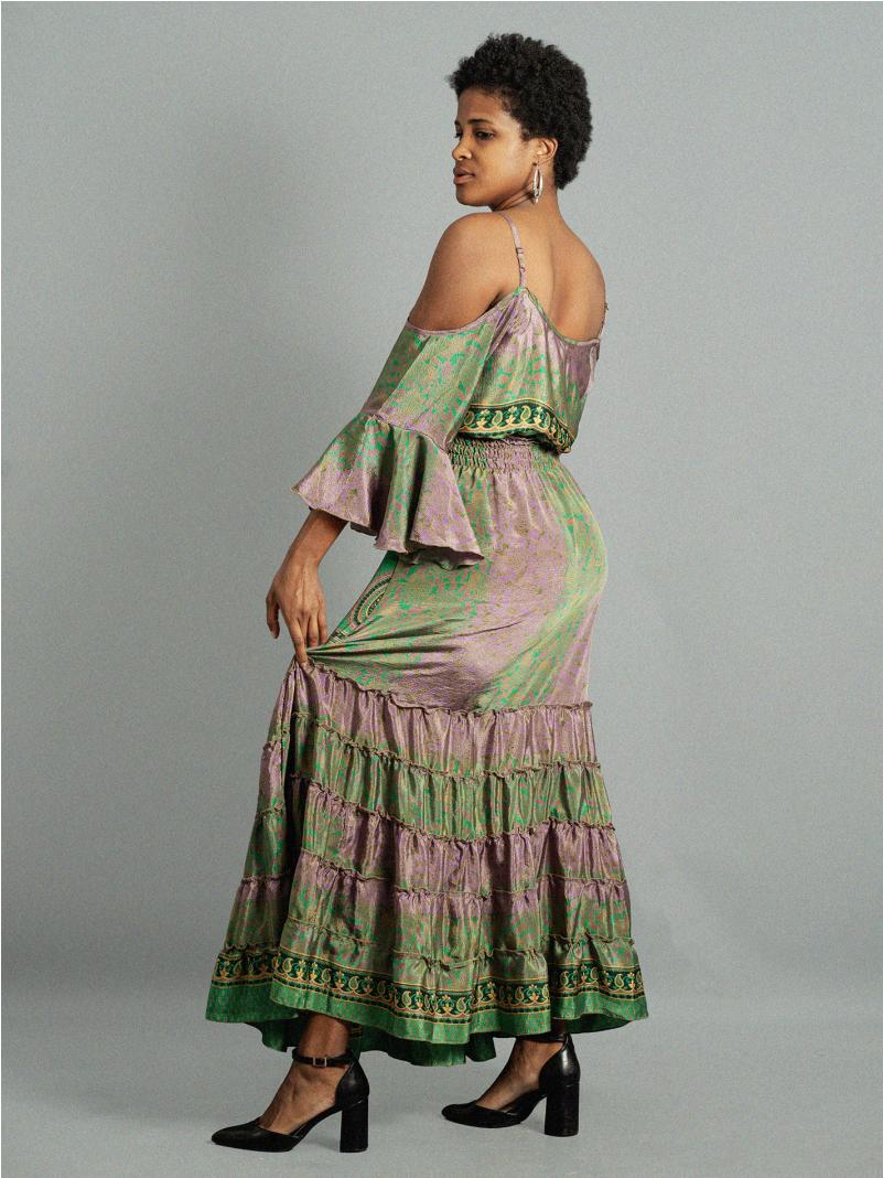 Abito lungo con bretelle verde e rosa - Nagpur