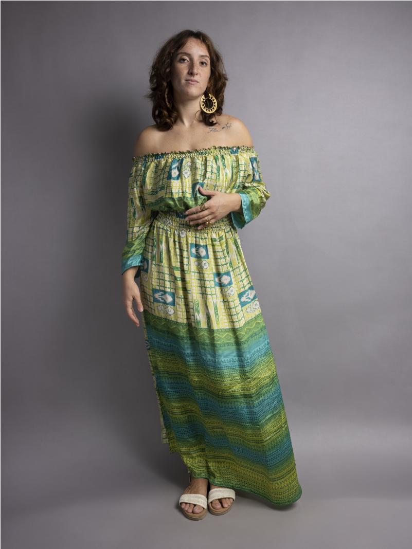 Abito Lungo Etnico con Scollo a Barca Verde chiaro – Radha