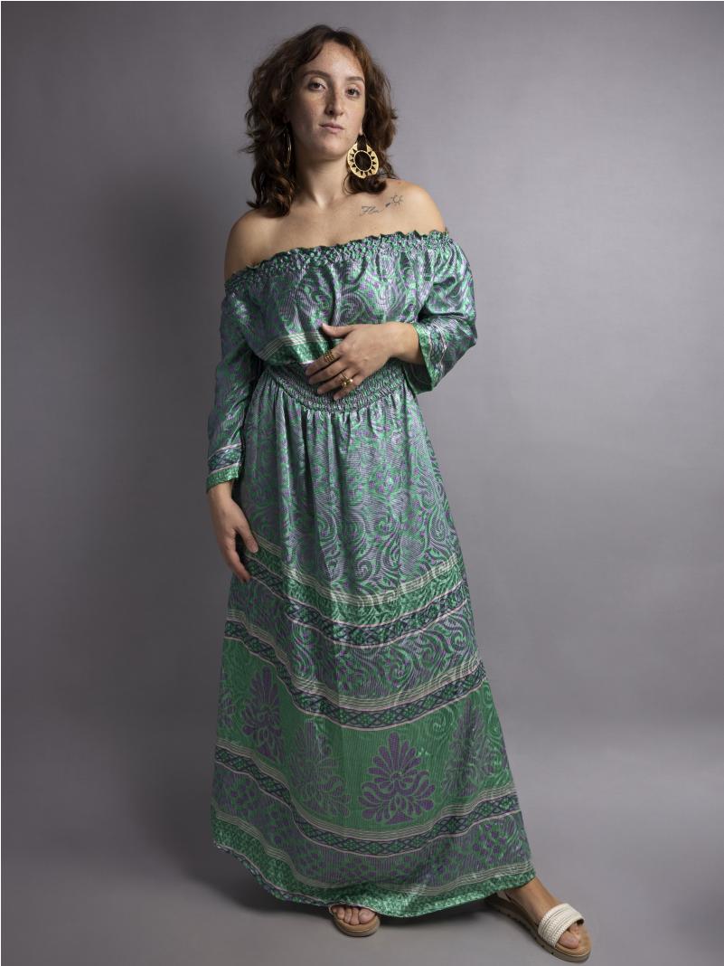 Abito Lungo Etnico con Scollo a Barca Verde e grigio – Radha