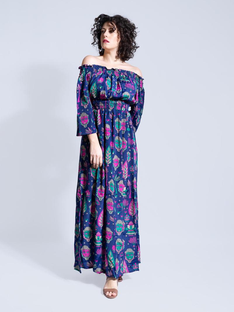 Abito Etnico con Scollo a Barca RADHA Buddha Edition – Blu Notte
