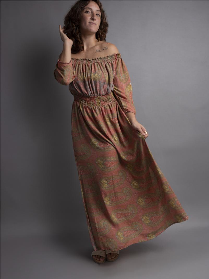 Abito Lungo Etnico con Scollo a Barca salmone – Radha