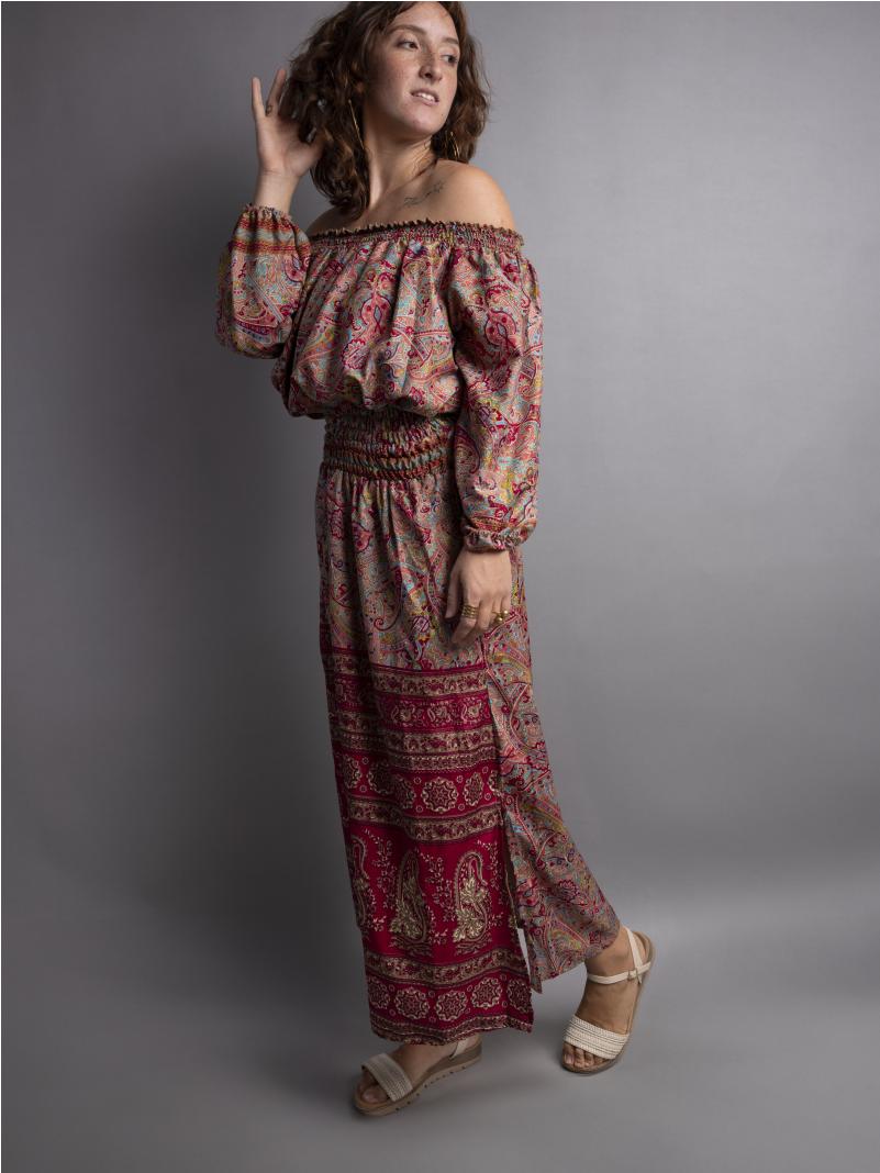 Abito Lungo Etnico con Scollo a Barca multicolor – Radha