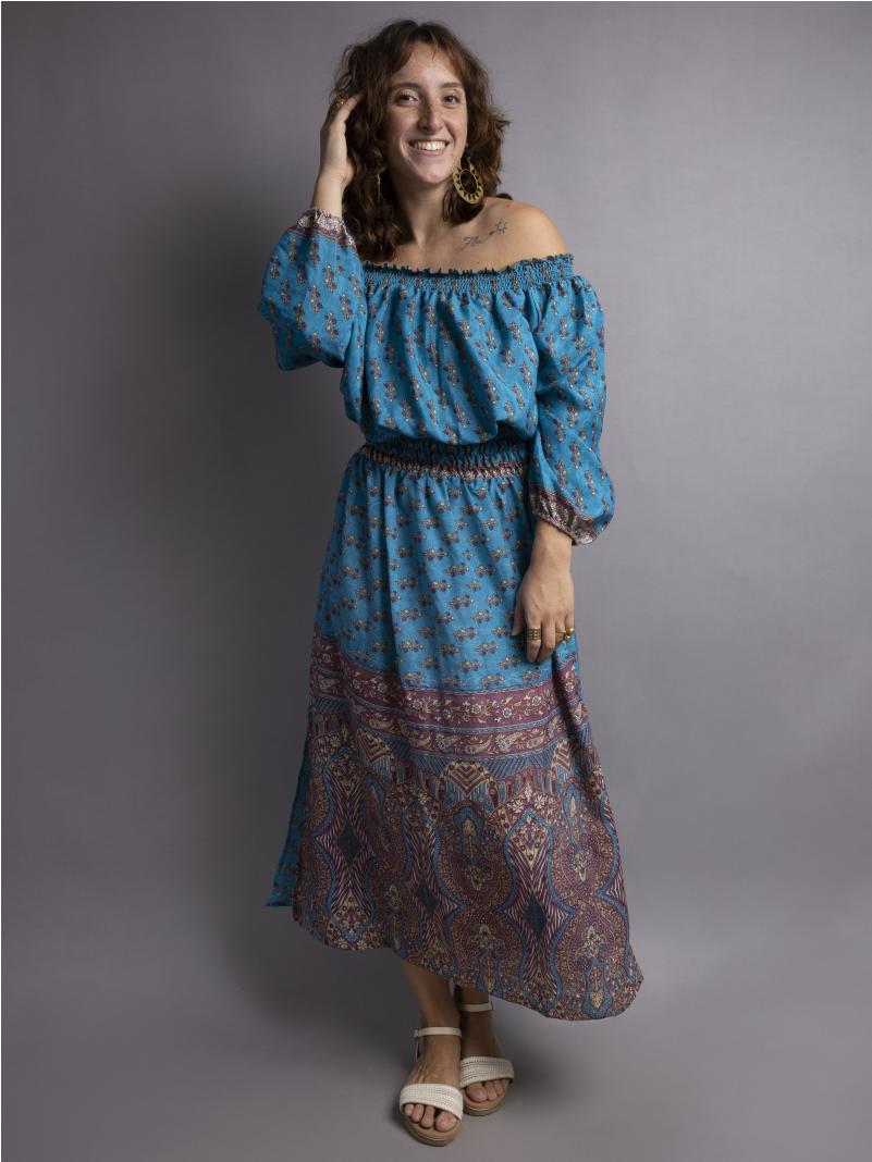 Abito Lungo Etnico con Scollo a Barca azzurro – Radha