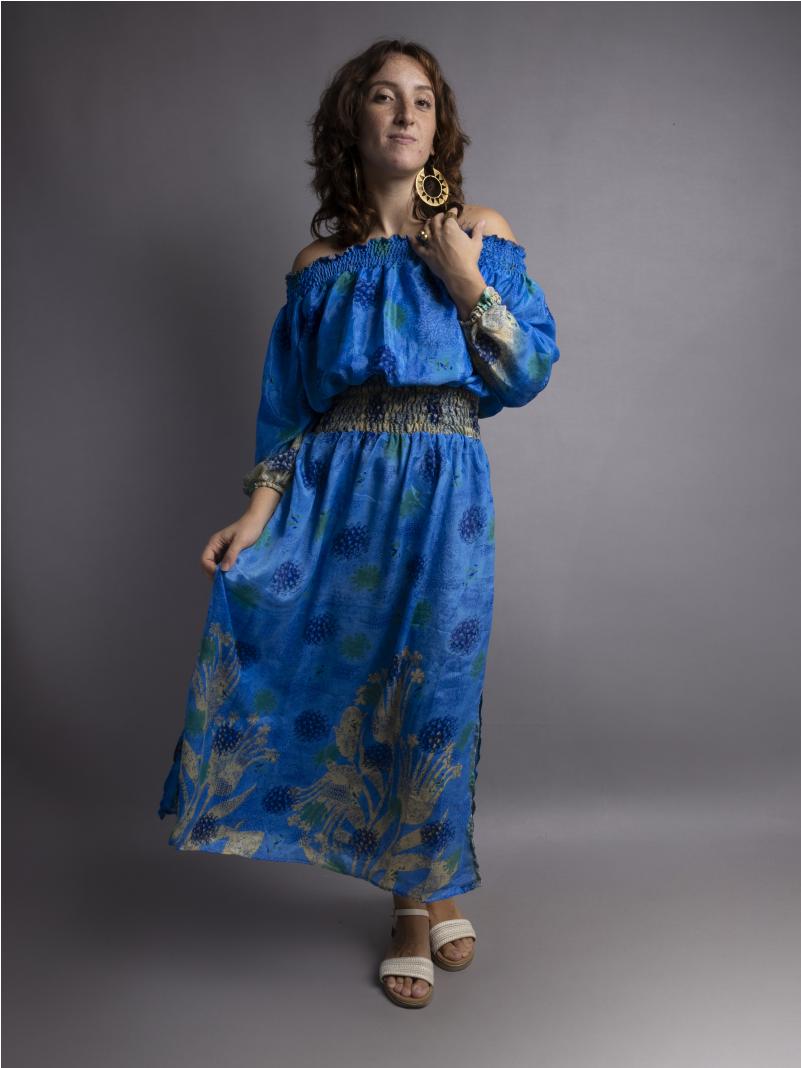 Abito Lungo Etnico con Scollo a Barca azzurro – Radha