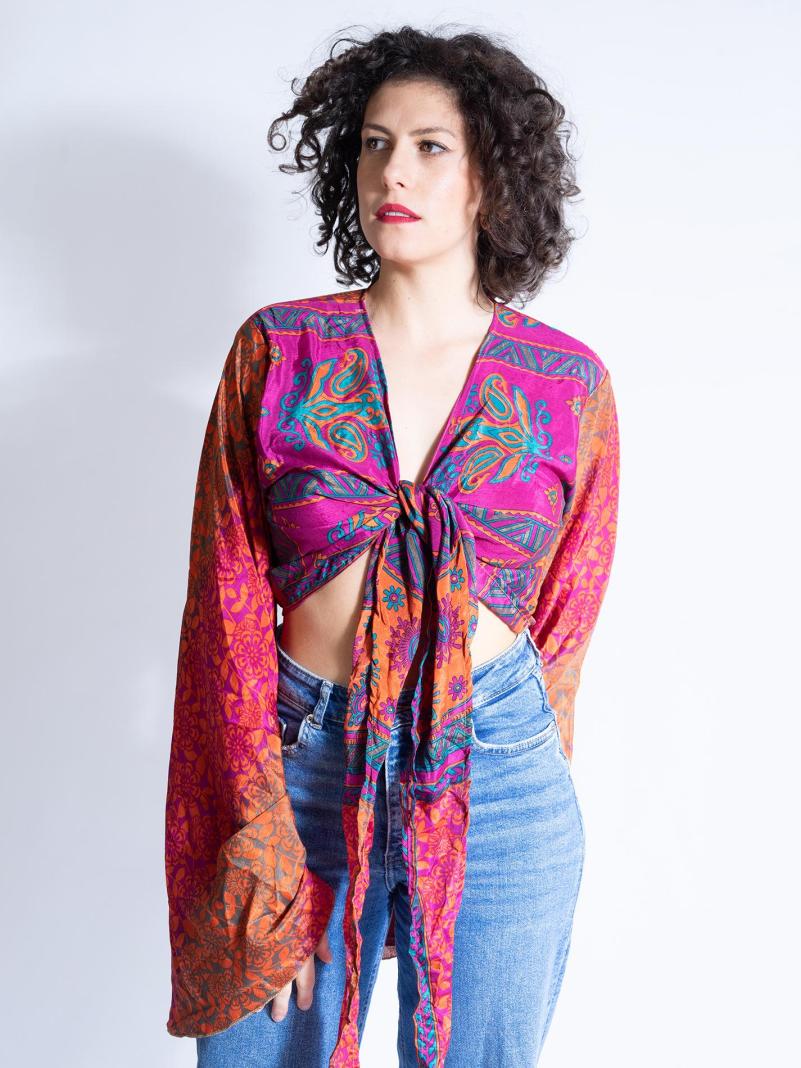 Wrap Top Manica larga viola e arancione – Gandhi