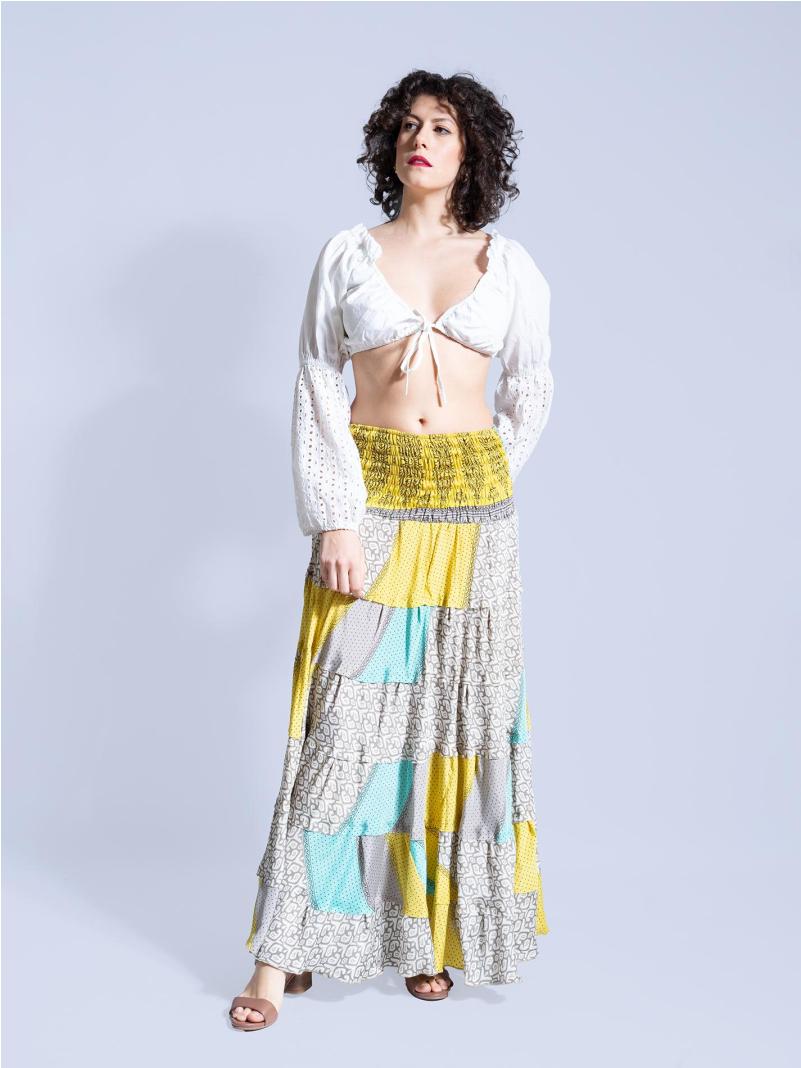 Gonna etnica a balze giallo grigio e celeste – Hippie