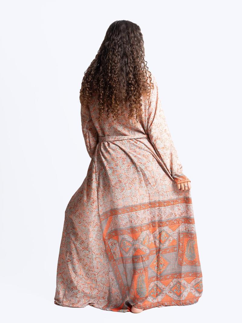 Kimono aperto arancione con fiori azzurri - Gujarat