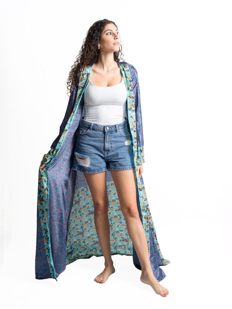 Kimono aperto blu e rosa - Gujarat