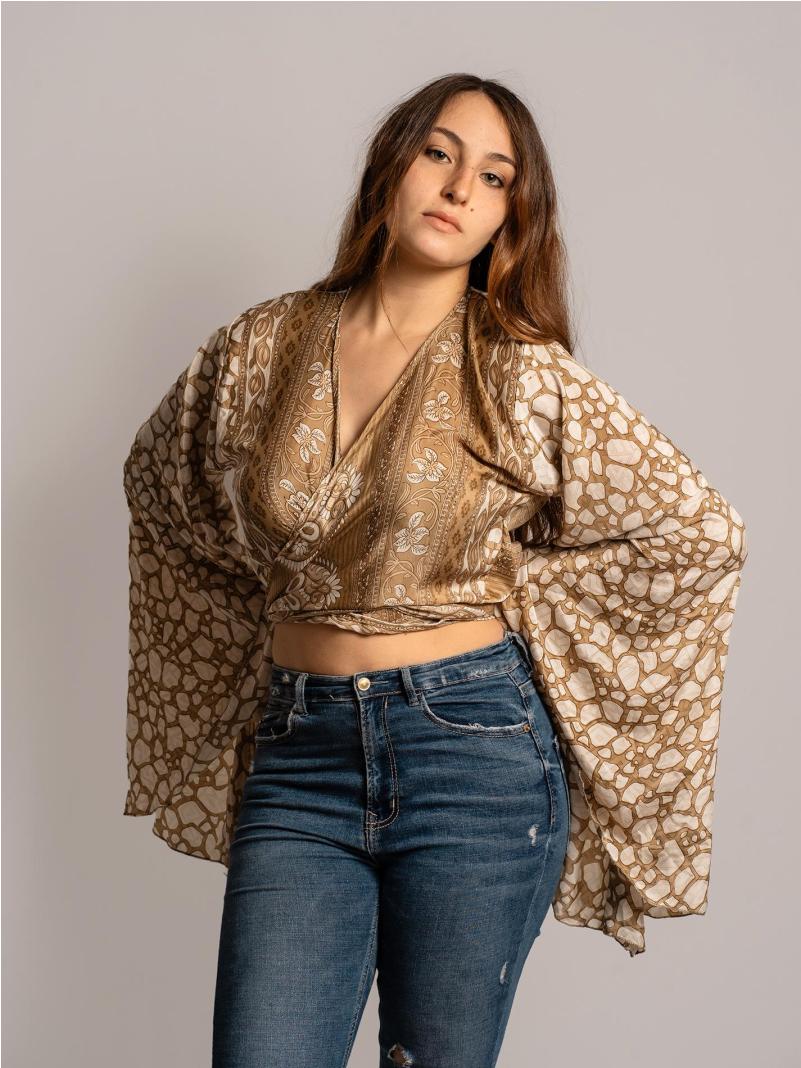 Wrap Top Manica larga bianco e ocra – Gandhi