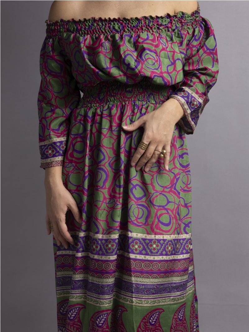 Abito Lungo Etnico con Scollo a Barca verde viola e Blu – Radha