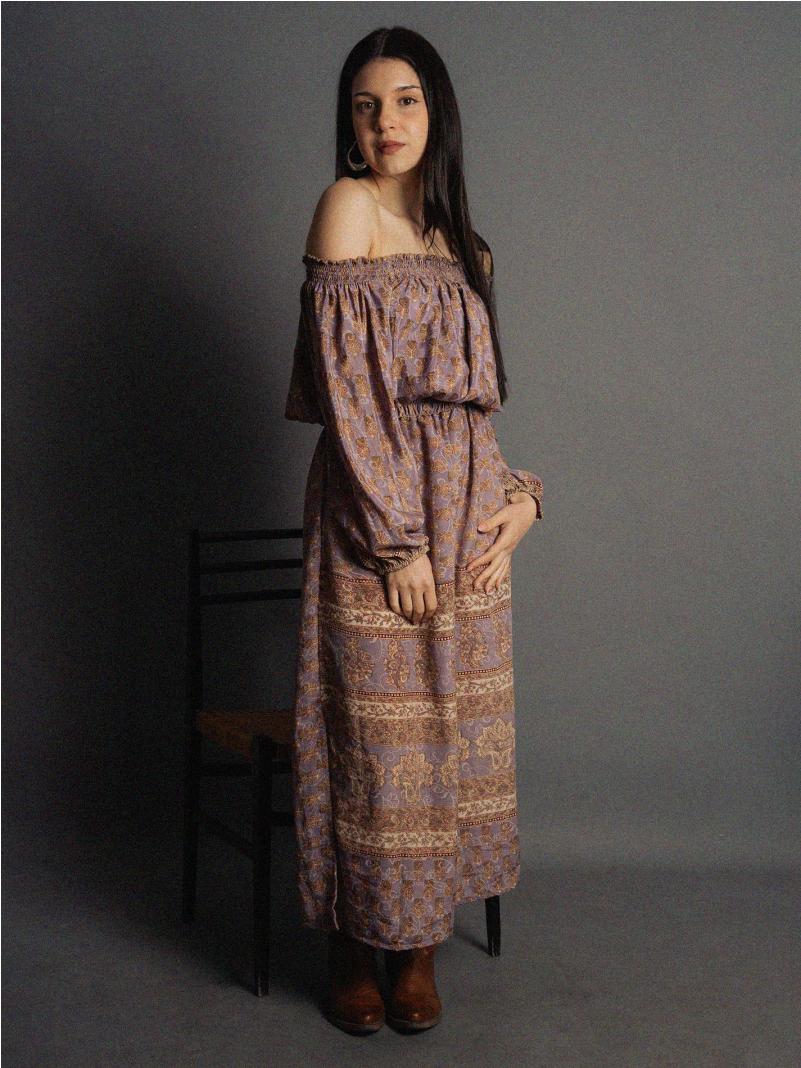 Abito Lungo Etnico con Scollo a Barca glicine – Radha