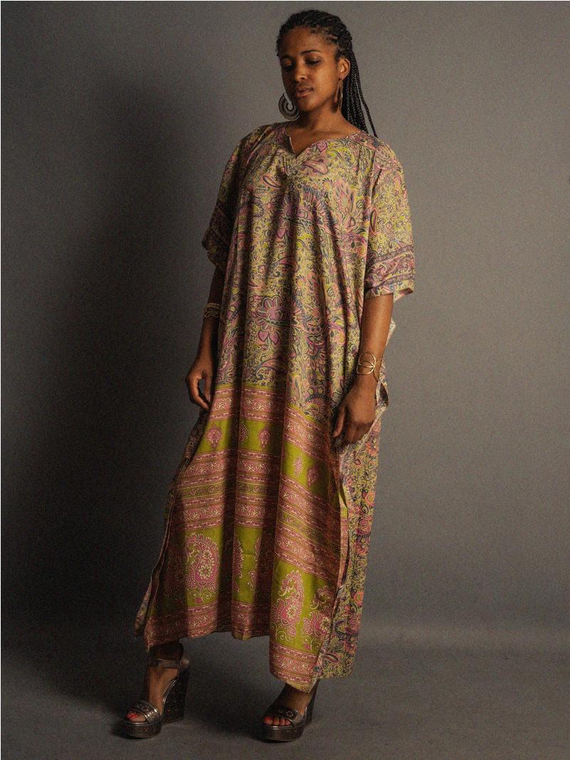 Caftano Lungo verde e rosa